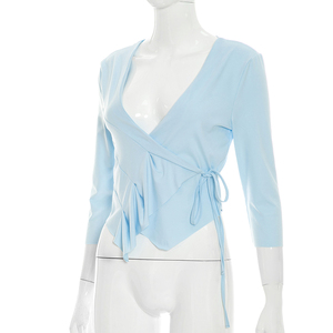 Viviblook Q26TP086 – haut décontracté pour femmes, couleur unie, col en v profond, haut court à lacets pour dames, nouvelle collection été - Product Image 2
