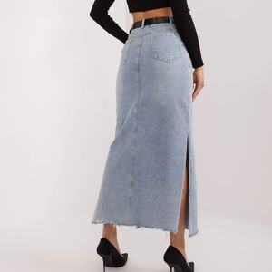 Nouvelle Arrivée Jupe Longue en Jean Taille Haute Style Cargo avec Double Fente, Bleu Vintage et Ourlet Effiloché - Product Image 2