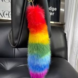 โซ่กุญแจหางยาวขนปุยธรรมชาติแฟชั่นหางจิ้งจอกแท้ห้อยหางนางฟ้าสีรุ้งสำหรับกระเป๋าเสน่ห์ - Product Image 5