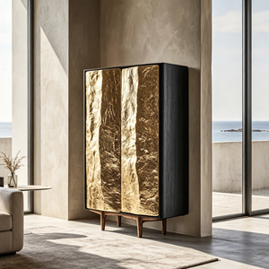 Credenza Alta con Foglia d'Oro Texturizzata, Struttura in Fibra di Vetro, Gambe in Legno, Armadio con Doppia Anta per Sala da Pranzo in Stile Wabi Sabi - Product Image 4