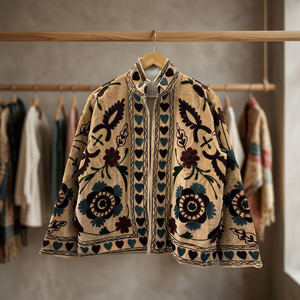 เสื้อแจ็คเก็ตกำมะหยี่ปักมือลายซูซานีสำหรับผู้หญิง สีเบจ ลายดอกไม้ ปักลายโซ่ เย็บแบบควิลท์ สไตล์วินเทจ ลายชาติพันธุ์ ทรงเปิดด้านหน้า เสื้อโค้ทสั้นสำหรับฤดูหนาว - Product Image 4