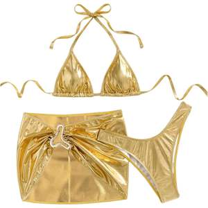 ชุดบิกินี่เมทัลลิก 3 ชิ้นสำหรับผู้หญิง พร้อมเสื้อคลุมแบบอสมมาตร ชุดว่ายน้ำแบบผูกคอ ผ้ายืดสแปนเด็กซ์ โพลีเอสเตอร์ กระโปรงชายหาด - Product Image 3