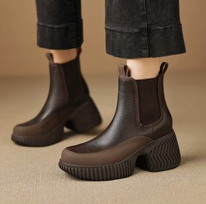 Bottines courtes en cuir à lacets et talons hauts, à semelle souple, style rétro décontracté, matures et à la mode, polyvalentes - Product Image 4