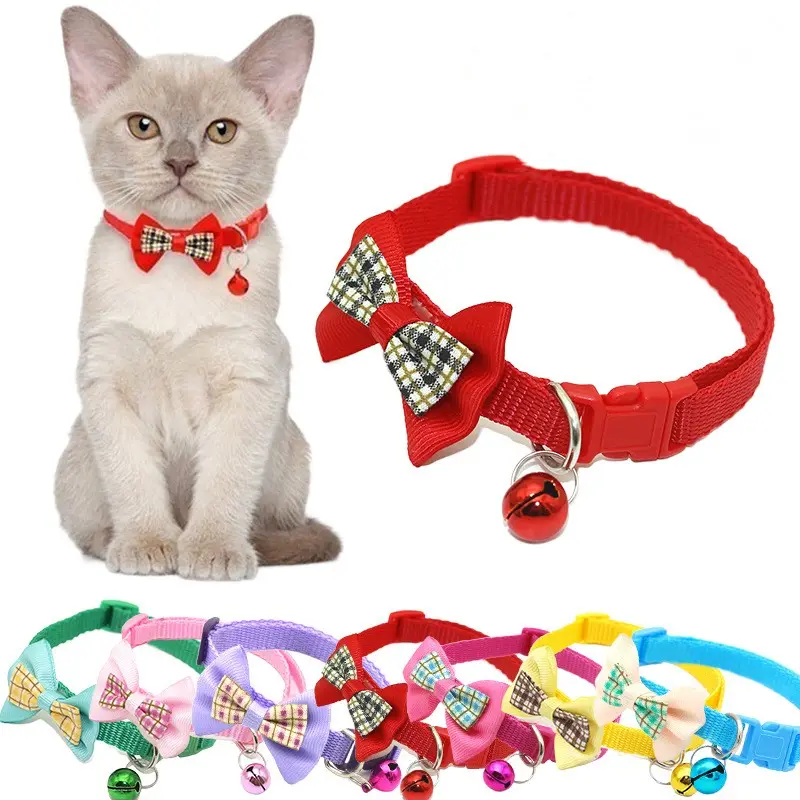 Vente en gros de colliers pour chats 7 couleurs, colliers ajustables en nylon pour animaux de compagnie avec nœud papillon mignon et cloche, collier sûr pour chats, fournitures pour animaux de compagnie