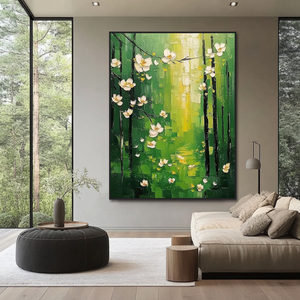 Grande peinture murale moderne faite à la main en acrylique sur toile, paysage texturé, arbre vert, art forestier, paysage naturel, décoration d'hôtel - Product Image 2