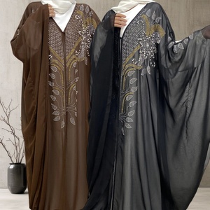 Arab Lightweight Chiffon Butterfly Abaya <b>Long</b> <b>Kaftan</b> with Gold Diamond and White Beads for Party Wedding 6743# - Product Image 2