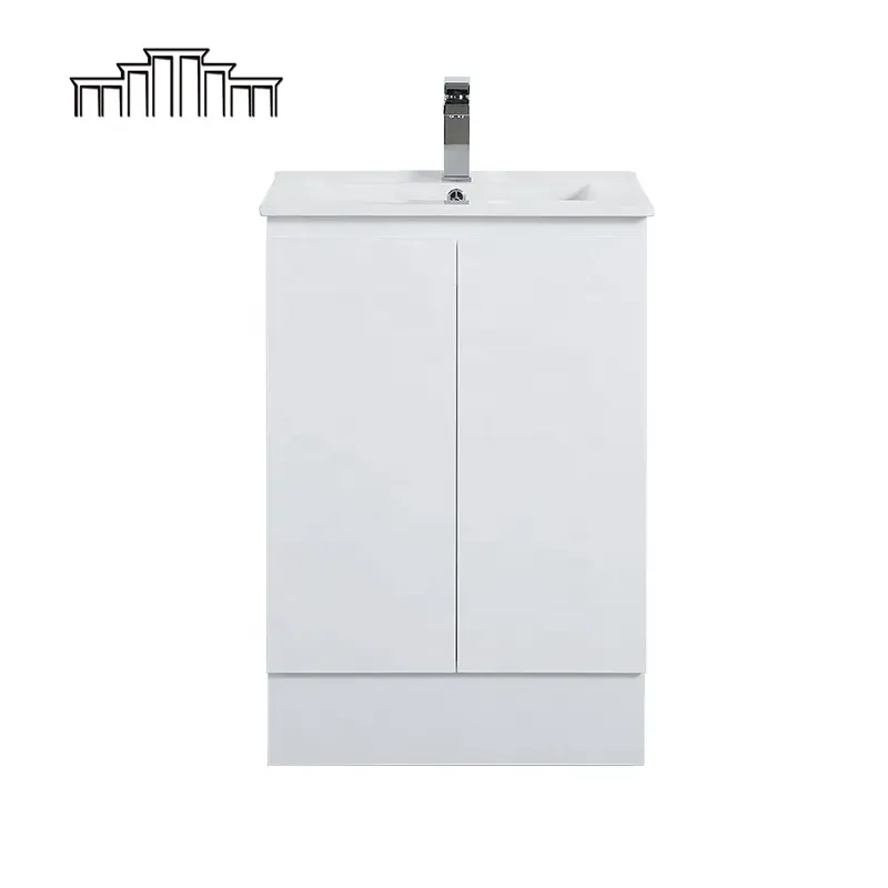 Floor Mount PVC Finish MDF Pintu Laundry Sink Kabinet Kamar Mandi Penyimpanan Putih Kabinet Vanity Modern dengan Tendangan Kaki