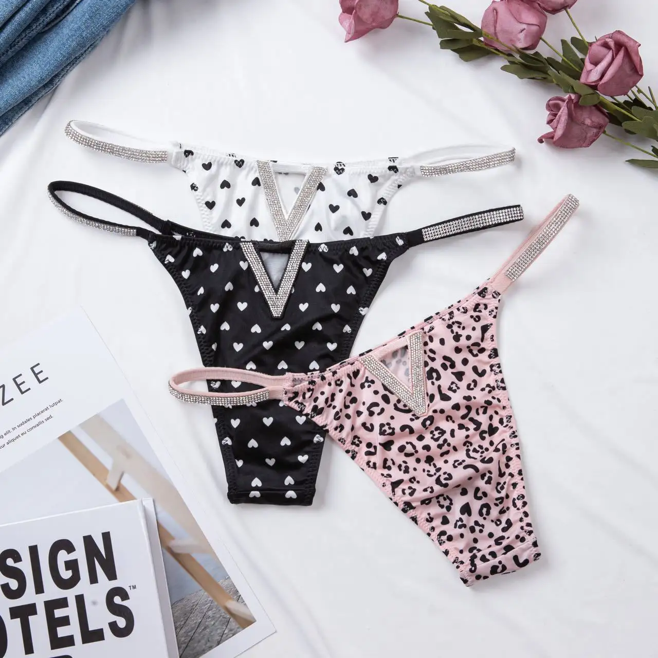 Victoria Shine Straps Sexy Bikini Underwear Rhinestone V-shaped Secreted High Cut Brazilian PINK Letters Women Panties