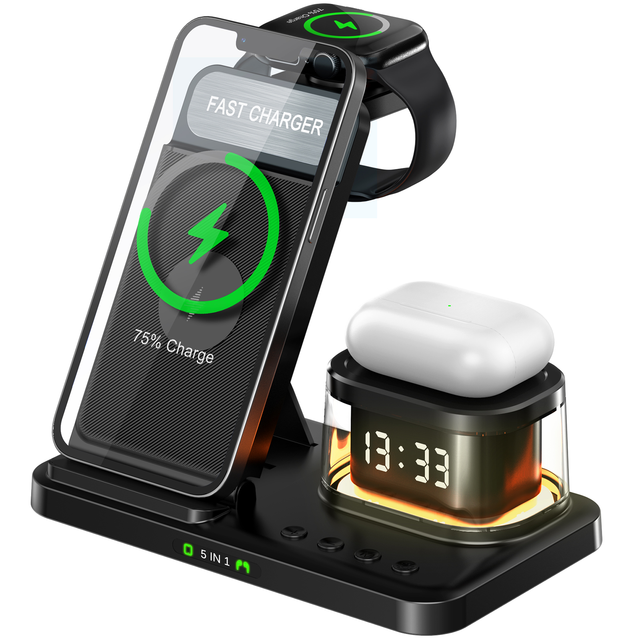 Top Selling Tech Products 2024 Portable Foldable Wireless Charger 5 in 1 15w Fast Charging Station With Clock