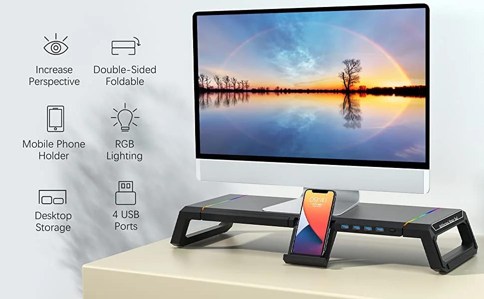 Laptop Stand Shelf with 4 USB 2.0 with RGB Lights Foldable Computer Screen Riser with Drawer Phone Holder Monitor Stand