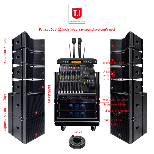 T.I PRO AUDIO LA2212V Full Set Dual 12-Inch Line Array Metal Sound System Full Range PA Stage Concert Audio Speakers Amp 3-Year
