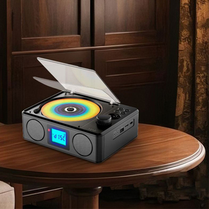 Lecteur CD de style vinyle rétro avec fonction sans fil BT, radio FM, fente pour carte USB TF, écran LCD, haut-parleur de bureau - Product Image 6