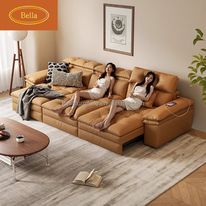 Lit de salon moderne en cuir et bois avec fonction extensible trois places - Product Image 1
