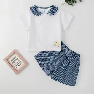 Conjunto de roupas de verão para meninos de 1 a 3 anos, camisa curta e shorts soltos xadrez, conjunto de duas peças, roupa infantil, atacado