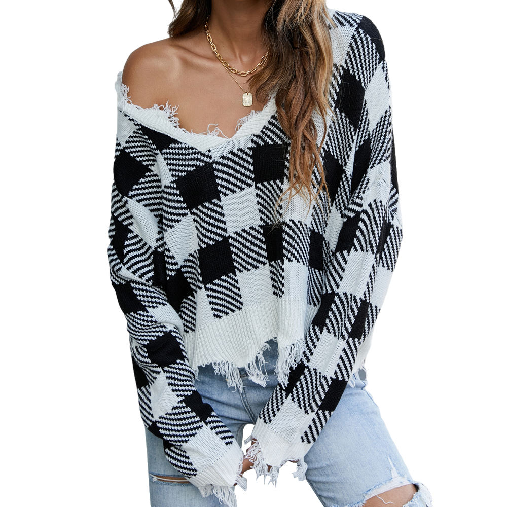 European and American Fashion Sweater Women Autumn Casual Loose V-neck  Woman Knitwear Sweater Pullover Plaid Sweater