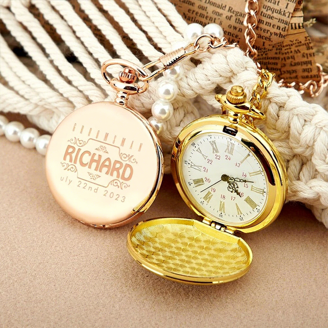 Personalized Photo Text Customized Engraved Unisex Pocket Watch Gift Flip Cover 50mm+ Dial 20m Water Resistant