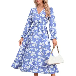 Roupas femininas casuais de alta qualidade, vestidos de manga comprida estampados com flores, vestido império até o joelho, cintura, com cinto, solto