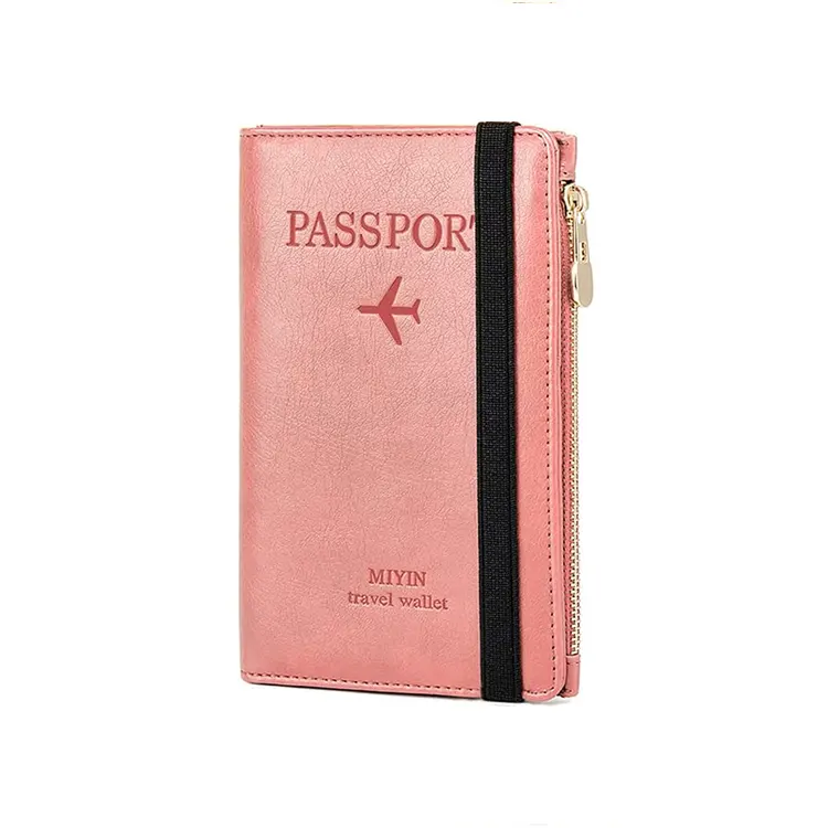 Leather Passport Holder Wallet with Elastic Strap - RFID Blocking Real Leather Passport Cover with Zipper Slot