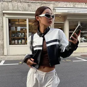 Winter Fall 2023 Women Pu Leather Windbreaker Cropped Motorcycle Jacket Patches Ladies Faux Leather Biker Button Jackets Coat