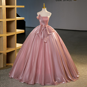 Dusty Rose Satin Strapless Backless Ball Gown Empire Waist Evening Dress with Puffy Skirt - Product Image 5