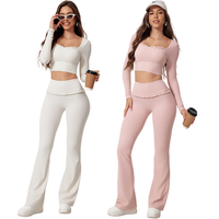 Kledingset met eigen logo, Y2K-mode, luxe, sneldrogend, elastisch kant, tops, broeken, yogasets, loungewear, zacht, 2-delig, dames