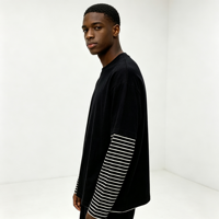 T-shirt à manches longues double couche en coton 100% rayé, coupe oversize, design d'usine, vêtement décontracté pour homme