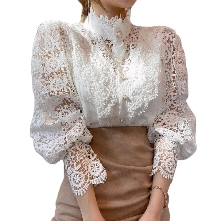 Hot Sale sexy tops Autumn Hollow Sexy Blouse Plus Size Stand-Up Collar White Tops Lace Long Sleeve Fashion Women Shirt