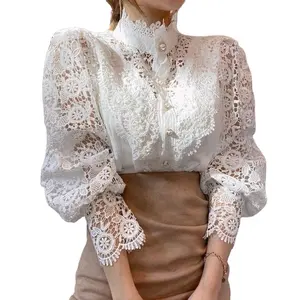 Hot Sale sexy tops Autumn Hollow Sexy Blouse Plus Size Stand-Up Collar White Tops Lace Long Sleeve Fashion Women Shirt