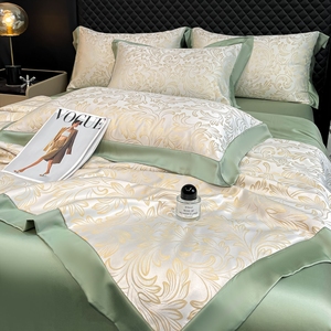 Parure de lit 4 pièces en <span class=keywords><strong>soie</strong></span> lavée de classe A, broderie satinée, housse de <span class=keywords><strong>couette</strong></span> rafraîchissante pour l'été, drap de lit, textile de maison vert - Product Image 2