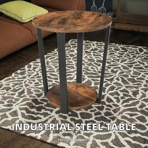 Mesa Auxiliar Redonda Industrial de 2 Niveles, Mesa de Estilo Rústico con Estructura Metálica para Sala de Estar o Dormitorio - Product Image 2