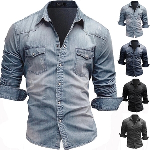 <span class=keywords><strong>Camicia</strong></span> <span class=keywords><strong>di</strong></span> <span class=keywords><strong>Jeans</strong></span> a maniche lunghe da uomo alla moda camicie in Denim blu stile retrò con due tasche e <span class=keywords><strong>camicia</strong></span> da Cowboy da uomo XXXL - Product Image 2