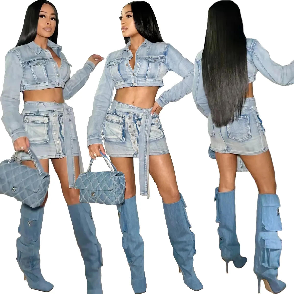 Lässige zweiteilige Jeans-Rock-Sets mit kurzer Jeans jacke für Frauen und Mini-Jeans-Cargo rock