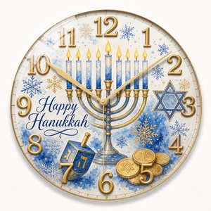 Orologio da Parete in Acrilico 'Happy Hanukkah' 25cm, Design Menorah, Silenzioso - Product Image 1