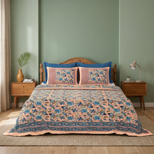 Parure de lit florale sérigraphiée de qualité supérieure en coton blanc, style indien, avec taies d'oreiller, tailles Queen et King, faite à la main, style bohème - Product Image 3