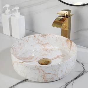 Combo <span class=keywords><strong>de</strong></span> fregadero <span class=keywords><strong>de</strong></span> baño <span class=keywords><strong>de</strong></span> mármol blanco-Tazón redondo sobre encimera <span class=keywords><strong>de</strong></span> 14 "+ grifo <span class=keywords><strong>de</strong></span> <span class=keywords><strong>cascada</strong></span> y drenaje emergente - Product Image 1