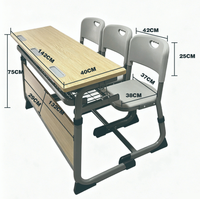 Ensemble de bureau et chaise d'école avec plateau en bois, table d'étude double avec chaises grises, mobilier de classe à hauteur fixe