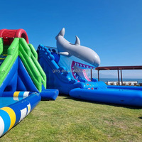 Bleu requin eau double voie château toboggan gonflable grand parc aquatique toboggan gonflable réservoir d'eau support piscine pour enfants