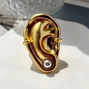 Cincin mutiara telinga kepribadian Abstrak vintage modis perhiasan mode cincin emas murni untuk anak perempuan