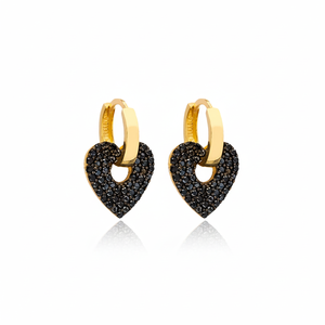 Pendientes de aro colgantes con diseño de corazón delicado de piedra CZ negra hechos a mano, joyería de plata de ley 925 al por mayor - Product Image 2