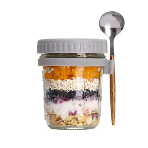 Bicchieri in Vetro Mini da 350ml 12oz per Colazione, Frappè, Yogurt, Dolci <span class=keywords><strong>e</strong></span> Cereali con Cucchiai <span class=keywords><strong>e</strong></span> Coperchi Colorati - Product Image 1