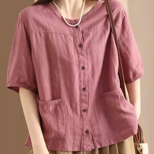 Women's Cotton Linen Shirt Short Sleeve V-Neck Button Front Pocket Design Casual Retro Style Coffee Color - Product Image 5