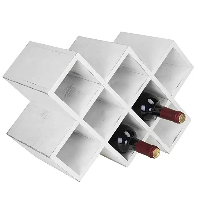 Botellero geométrico de madera para decoración del hogar, portabotellas de vino de madera blanca rústica personalizada para 8 botellas, soportes de almacenamiento de vino