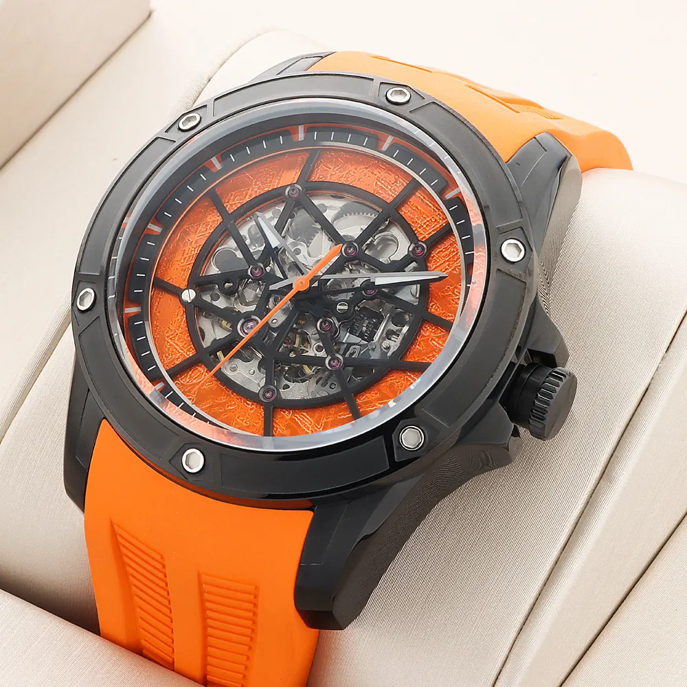 Hot Sale Mechanical Watches Custom 3D Hollow Dial Automatic Japan Movement Rubber Strap Watch For Men