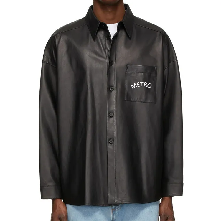 Black soft buffed leather men jackets Spread collar button closure patch pockets custom logo mens pu leather jackets