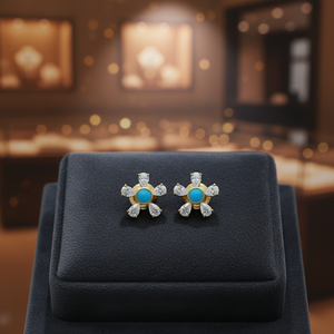 Stylish Designer Jewellery for Women Daily Wear Elegant Gold Flower <b>Stud</b> <b>Earrings</b> with <b>Blue</b> Stone Center and Diamond Petals - Product Image 5
