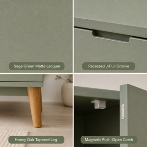 Consola de <span class=keywords><strong>TV</strong></span> Nórdica Color Verde Salvia, 4 Puertas Abatibles, Patas de Roble Macizo, Tirador en J, Venta al por Mayor OEM - Product Image 4