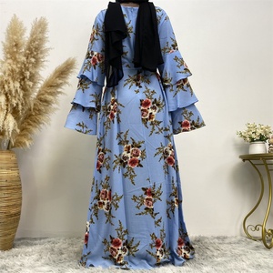 9071# Summer Spring Crew Neck Three Layers Tiered Sleeves Pretty Colorful Flowers Print Casual Dress Muslim Women Dress - Product Image 5