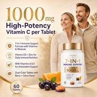 Vitamin C 1000mg Potensi Tinggi 7-in-1 Pendukung Kekebalan Tubuh Tablet Dua Warna dengan D3 Seng Selenium OEM/ODM