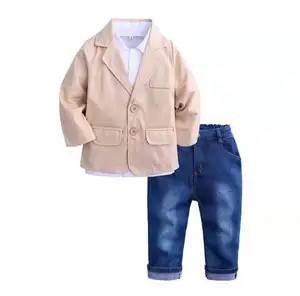热卖长袖t恤和牛仔裤西装外套3件儿童男孩套装