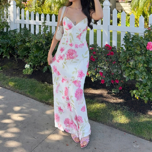 <b>Tie</b> Backless Floral Print Spaghetti Strap Long Dress French Elegant Vacation Style Sexy Romantic Dress - Product Image 4